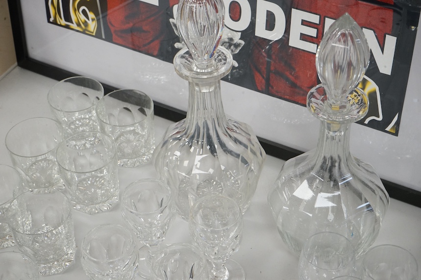 A suite of Thomas Webb Crystal wine glasses, Royal Yacht pattern, including two decanters, eight goblets, white wines and clarets, sixty-four pieces. Condition - mostly good